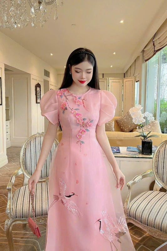OANH Cranes Sparkle Modern Ao Dai Set | Pink Ao Dai For Events