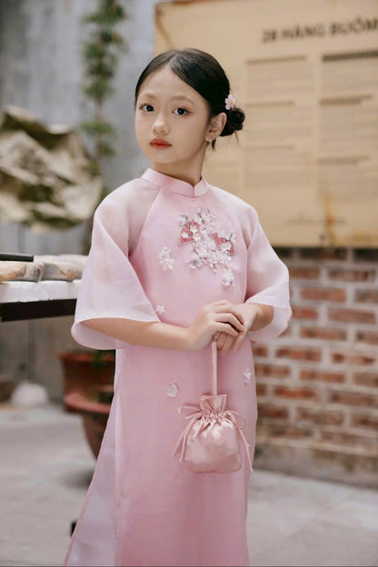 Pink Modern Ao Dai Matching Mother Daughter | Áo Dài Đôi Mẹ và Bé Gái