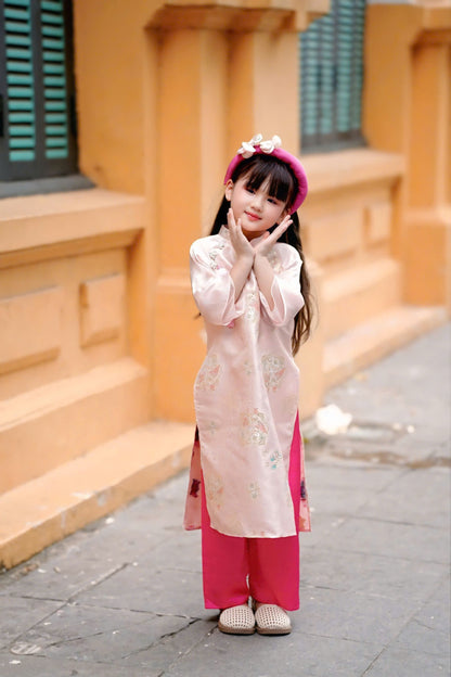 MIKA Pink gam ao dai for daughter | ao dai be gai tet