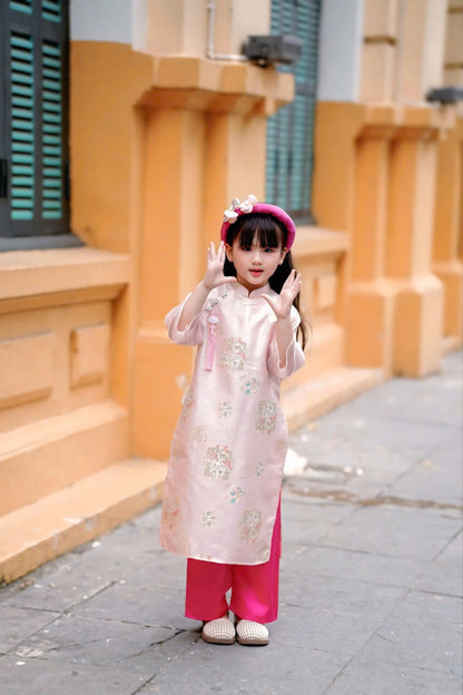 MIKA Pink gam ao dai for daughter | ao dai be gai tet