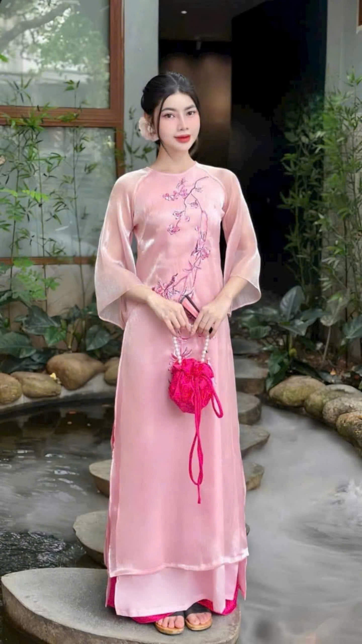 Pink Floral Embroidery Ao Dai Dress - Áo Dài Cách Tân