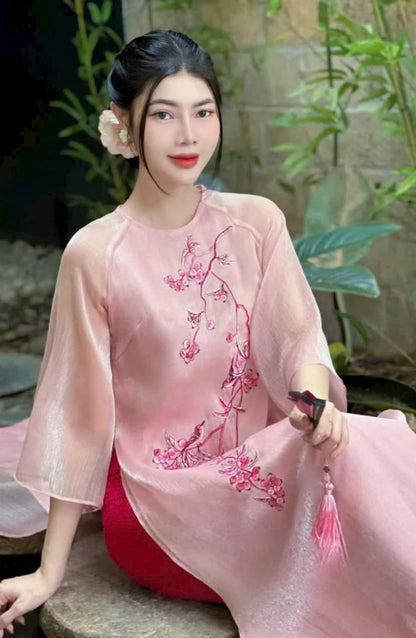 Pink Floral Embroidery Ao Dai Dress - Áo Dài Cách Tân