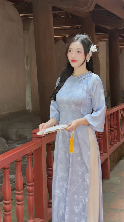 MAN Light Blue Ao Dai with Flowers | Vietnamese ao dai for women | NO pants