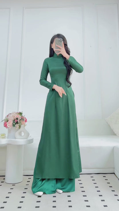 Green Brocade Ao Dai With Pants | Pre made ao dai for Women | Vietnamese long dress