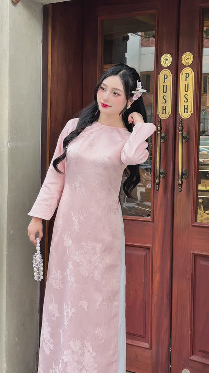 Pink Jacquard Ao Dai w Bamboo hide pattern- Vietnamese Modernized Ao Dai | NO Pants