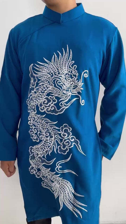 Blue Ao Dai Men with White Dragon Embroidery | Modern Men Vietnamese Ao Dai