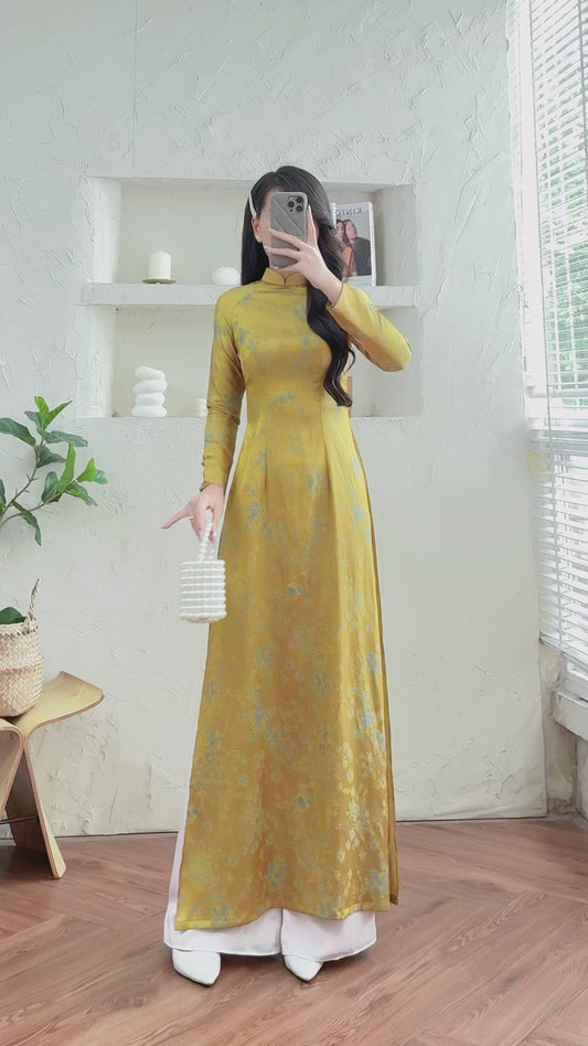 Golden Brocade Traditional Long Sleeve Ao Dai-No Pants | Elegant Formal Ao Dai for Women