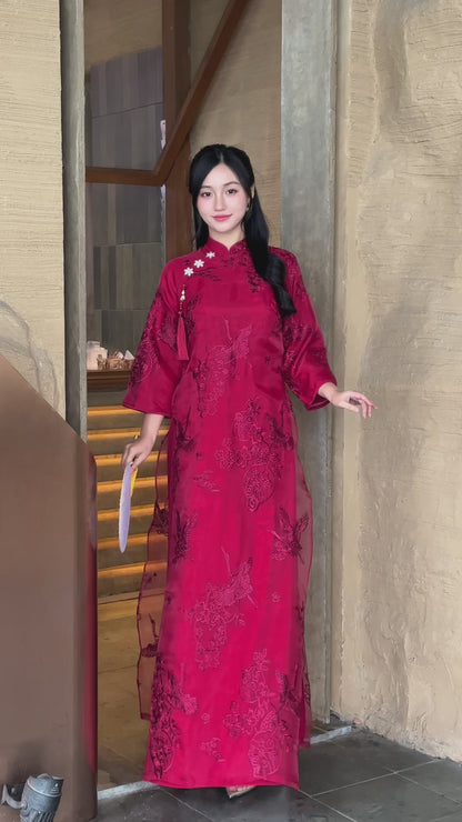 HOA Red Ao Dai Top | Modern Vietnamese ao dai for women | NO pants