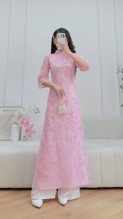 Pre-made Pink Flower Embroidered Ao Dai - Women Ao Dai with Tie Bow neck - No Pants