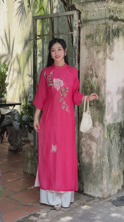 LAM Sheer sleeves Vietnamese ao dai | Hot pink ao dai women | NO pants