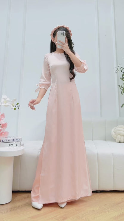 Pastel Pink Vietnamese Modern Ao Dai Set - Women Ao Dai Tie Bow Sleeves - Headpiece