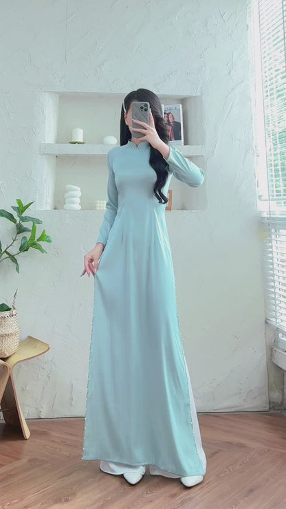Mint Bridesmaid Ao Dai With Pearls | Cultural Formalwear | Vietnamese Long Dress | Included Pants