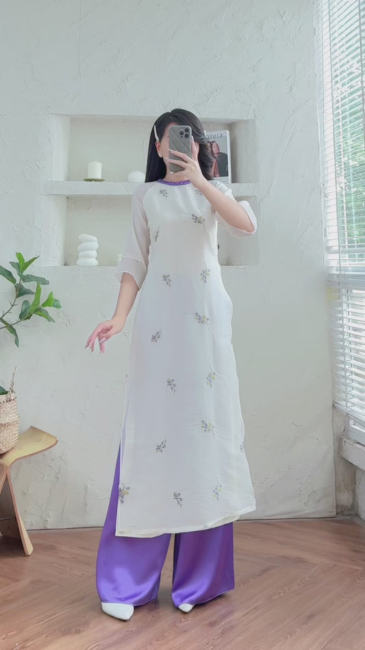 Lavender Embroidery Ao Dai Set | Modern Vietnamese Ao Dai | Included Pants