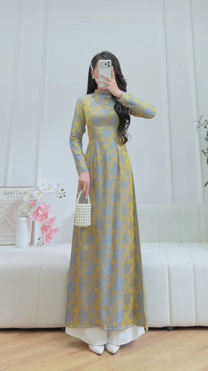 Pre-order : Traditional Vietnamese Ao Dai Dress in Elegant Blue and Gold Floral Pattern - No Pants