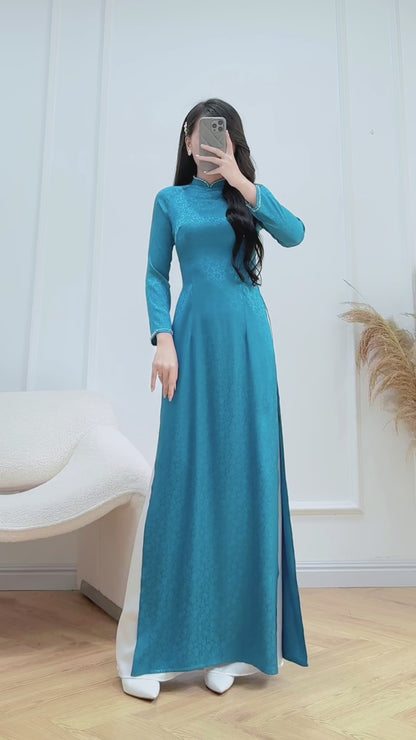 RUTH Blue Mini Pattern traditional ao dai with Crystal neck | Vietnamese ao dai for women | No Pants