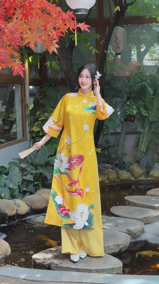Vietnamese Yellow Ao Dai with Lotus & Conical Hat Pattern – Traditional Festival Dress for Women | No Pants