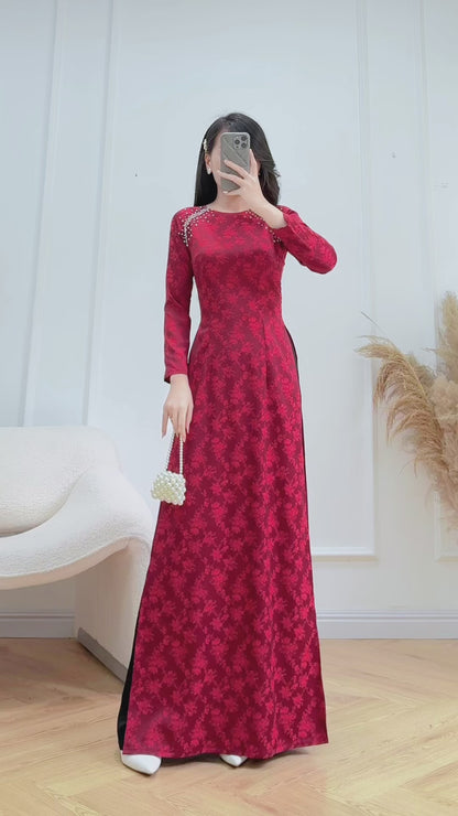 AUDREY Burgundy Red ao dai set | Ao dai Nha Xa Silk - Round neck