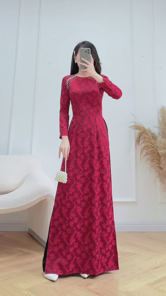 AUDREY Burgundy Red ao dai set | Ao dai Nha Xa Silk - Round neck