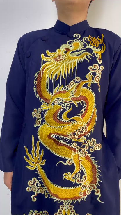 Navy Blue Men Ao Dai With  Dragon Embroidered  - Traditional Ao Dai Men