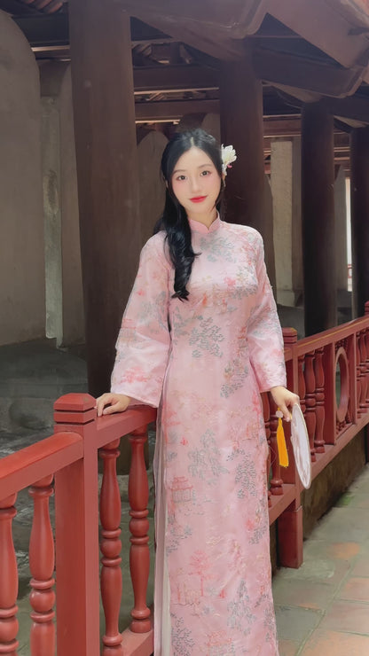 MINH ANH Pink Ao Dai with Flower Embroidery | Vietnamese ao dai for women | NO pants