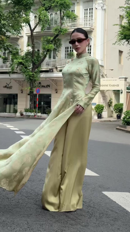 Sage Green Gam Silk Ao Dai Set - Traditional Vietnamese Dress - Lunar New Year