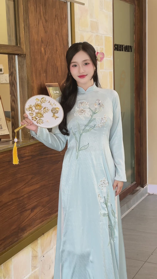 Sequins Lily Mint Vietnamese Ao Dai For Women | Vietnamese long dress with Pants