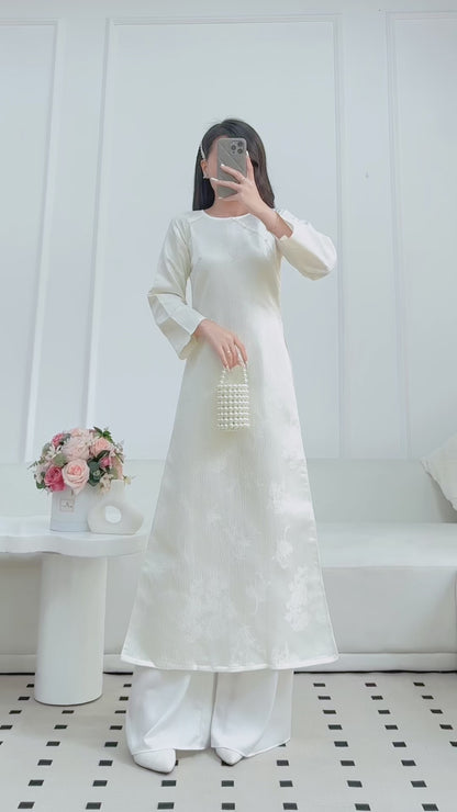 White Modern ao dai with Leave Bamboo | Vietnamese Ao Dai | NO pants