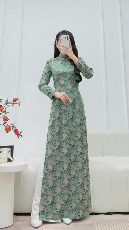 Green Thanh Giang Vietnamese Ao Dai With Pants- Traditional Dress for Weddings