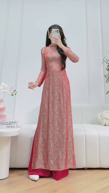 Orange and Green Silk Vietnamese Ao Dai - Traditional Dress for Weddings and Special Occasions