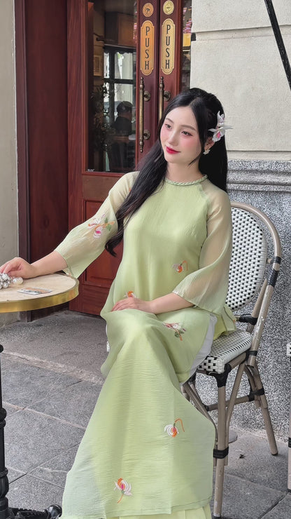 Sage Green Vietnamese Ao Dai with Floral Embroidery – Elegant Bridesmaid Dress | NO Pants