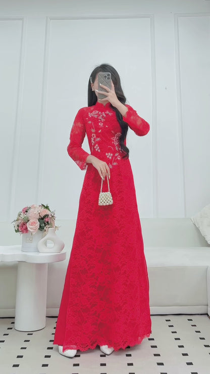 Pre-made Red Lace Bride Ao Dai | Vietnamese long dress with Pants