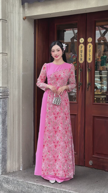 Pinky Tơ Voan Ao Dai With Puffy Sleeves | Vietnamese Traditional Ao Dai