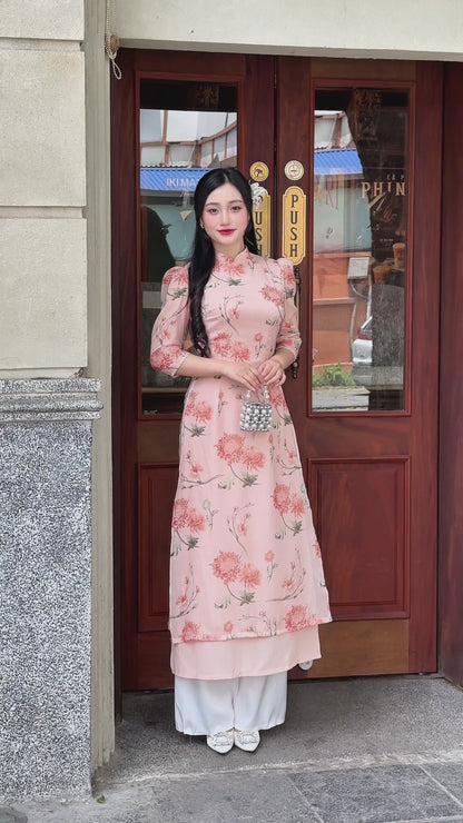 Blush Pink Vietnamese Ao Dai with Vintage Floral Print – Elegant Traditional Dress | NO Pants