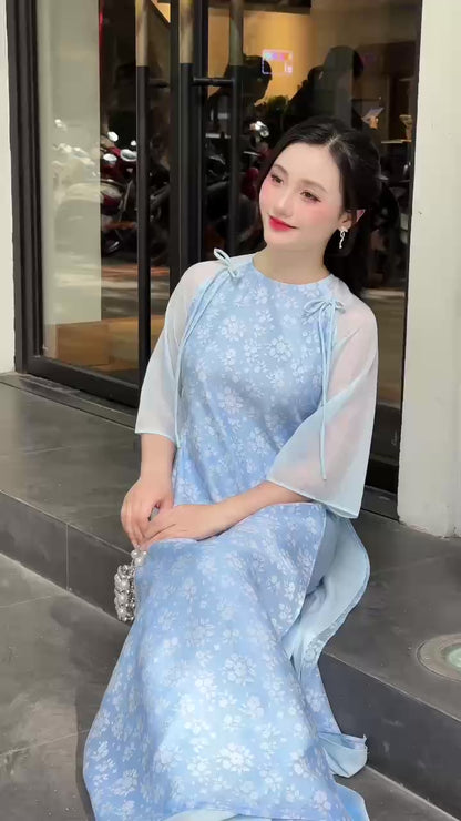 Vietnamese Ao Dai – Elegant Sky Blue Floral Dress | NO Pants