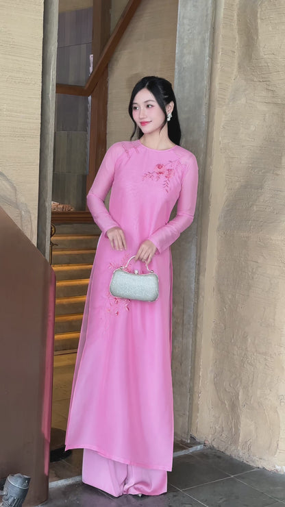 TRANG Strawberry chiffon Ao Dai set | Modern Vietnamese ao dai for women