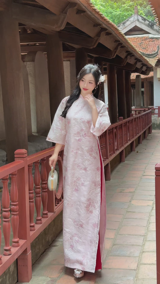 THU Pink Ao Dai with Flower Embroidery | Vietnamese ao dai for women | With pants