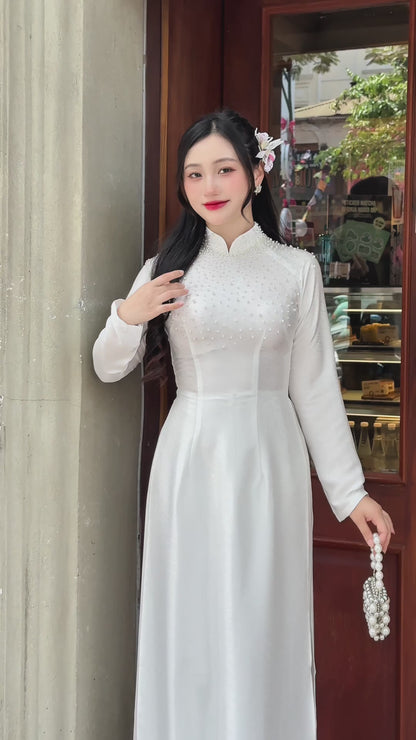 White Ao dai with simple crystals rhinestones | Vietnamese Traditional Ao Dai | NO Pants
