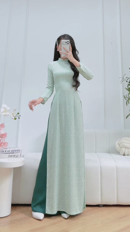 Mint Gam Vietnamese Ao Dai With Blue Pants- Traditional Dress for Weddings