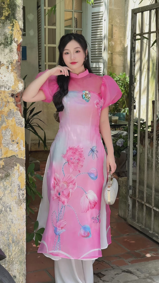 LIEU Luxury Pink Ao Dai with butterfly sparkle | Modern Vietnamese ao dai for women | NO pants