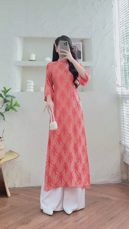 Orange Vietnamese Ao Dai for Women – Traditional Dress for Wedding- Wide Sleeves- NO Pants