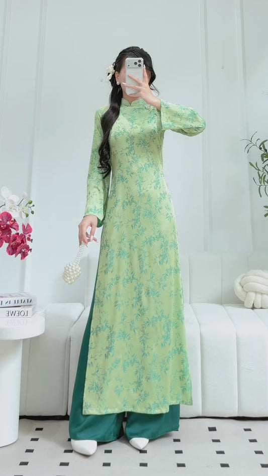 Elegant Green Bamboo Pattern Áo Dài - Traditional Vietnamese Dress for Women
