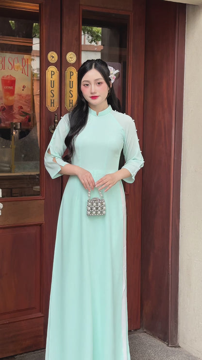 Pastel Blue Ao Dai With Split Sleeve Design | Vietnamese Traditional Ao Dai