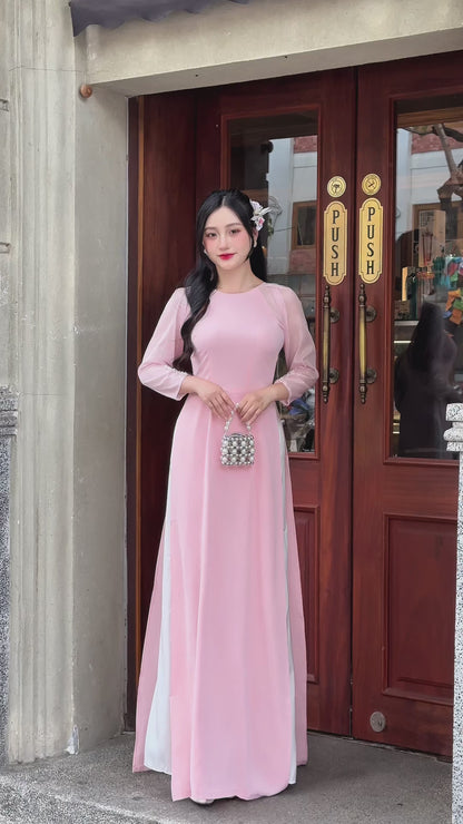 Blush Pink Ao dai with Pearls Sleeves | Vietnamese Traditional Ao Dai | NO Pants