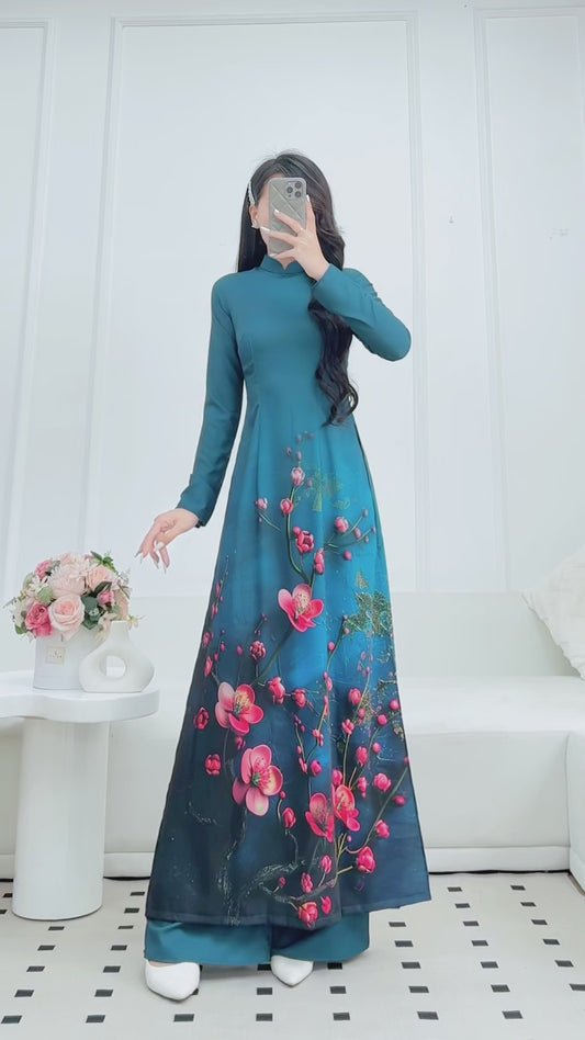 Pre-order: Elegant Long Sleeve Áo Dài for Women | Sakura Printed Ao Dai Set