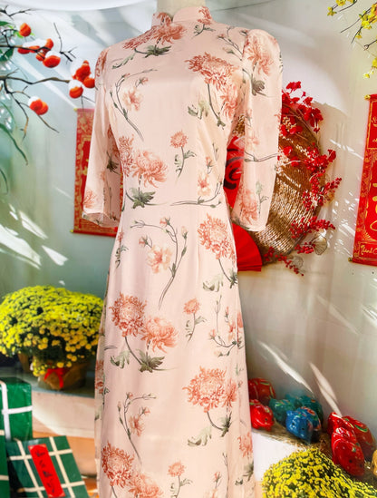 Pre-made: Vietnamese Modernized Ao Dai | Printed Floral Ao Dai For Women | Lunar New Year