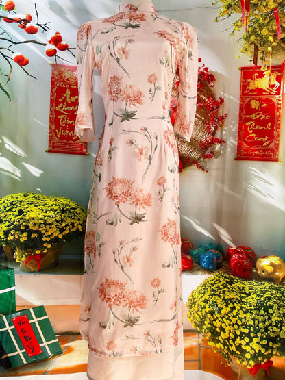 Pre-made: Vietnamese Modernized Ao Dai | Printed Floral Ao Dai For Women | Lunar New Year