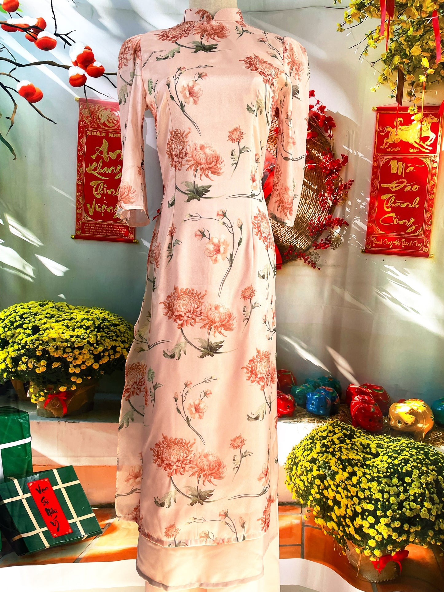 Pre-made: Vietnamese Modernized Ao Dai | Printed Floral Ao Dai For Women | Lunar New Year