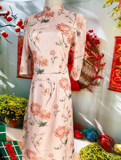 Pre-made: Vietnamese Modernized Ao Dai | Printed Floral Ao Dai For Women | Lunar New Year