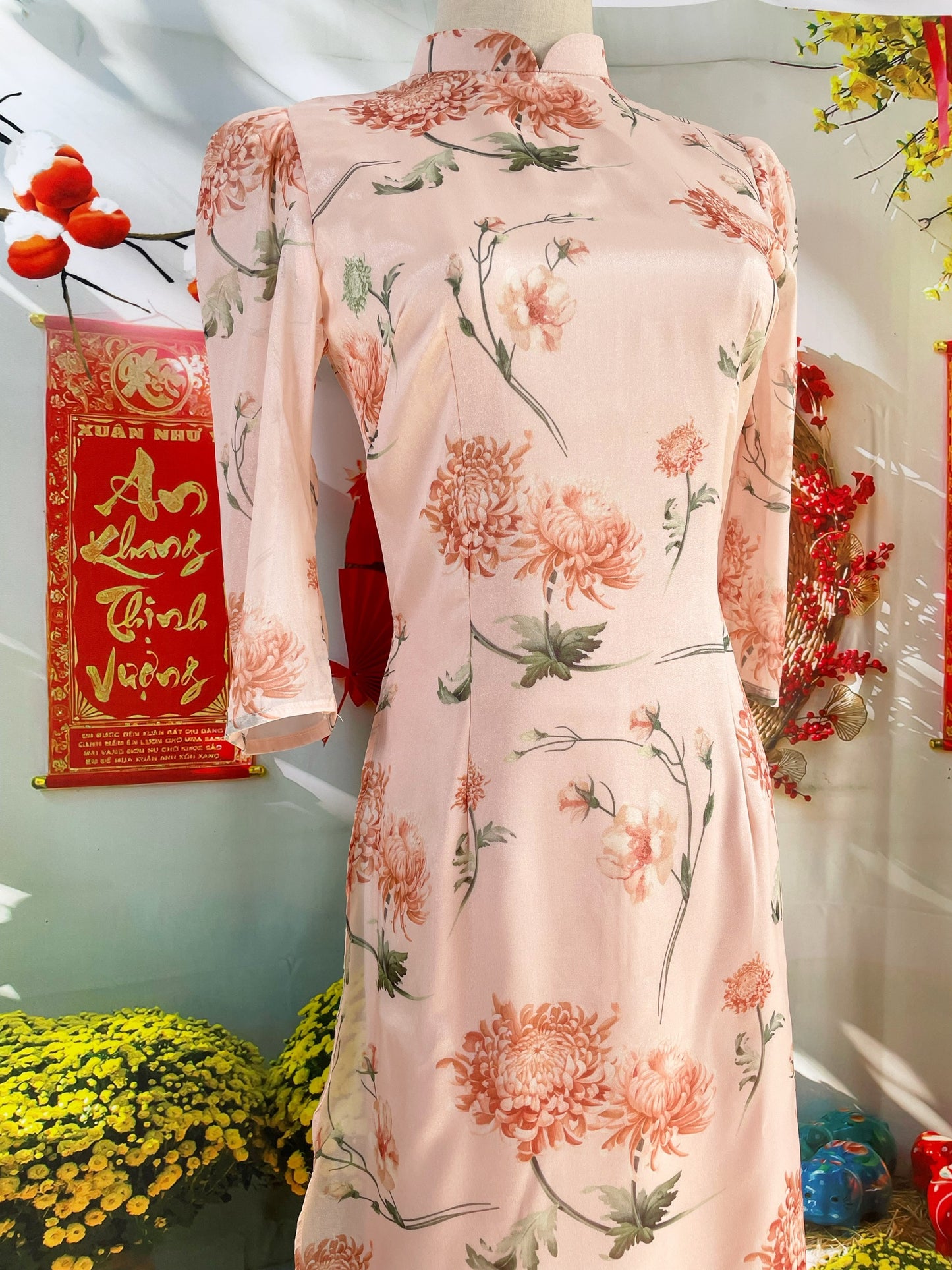 Pre-made: Vietnamese Modernized Ao Dai | Printed Floral Ao Dai For Women | Lunar New Year