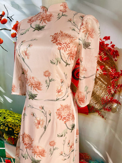 Pre-made: Vietnamese Modernized Ao Dai | Printed Floral Ao Dai For Women | Lunar New Year